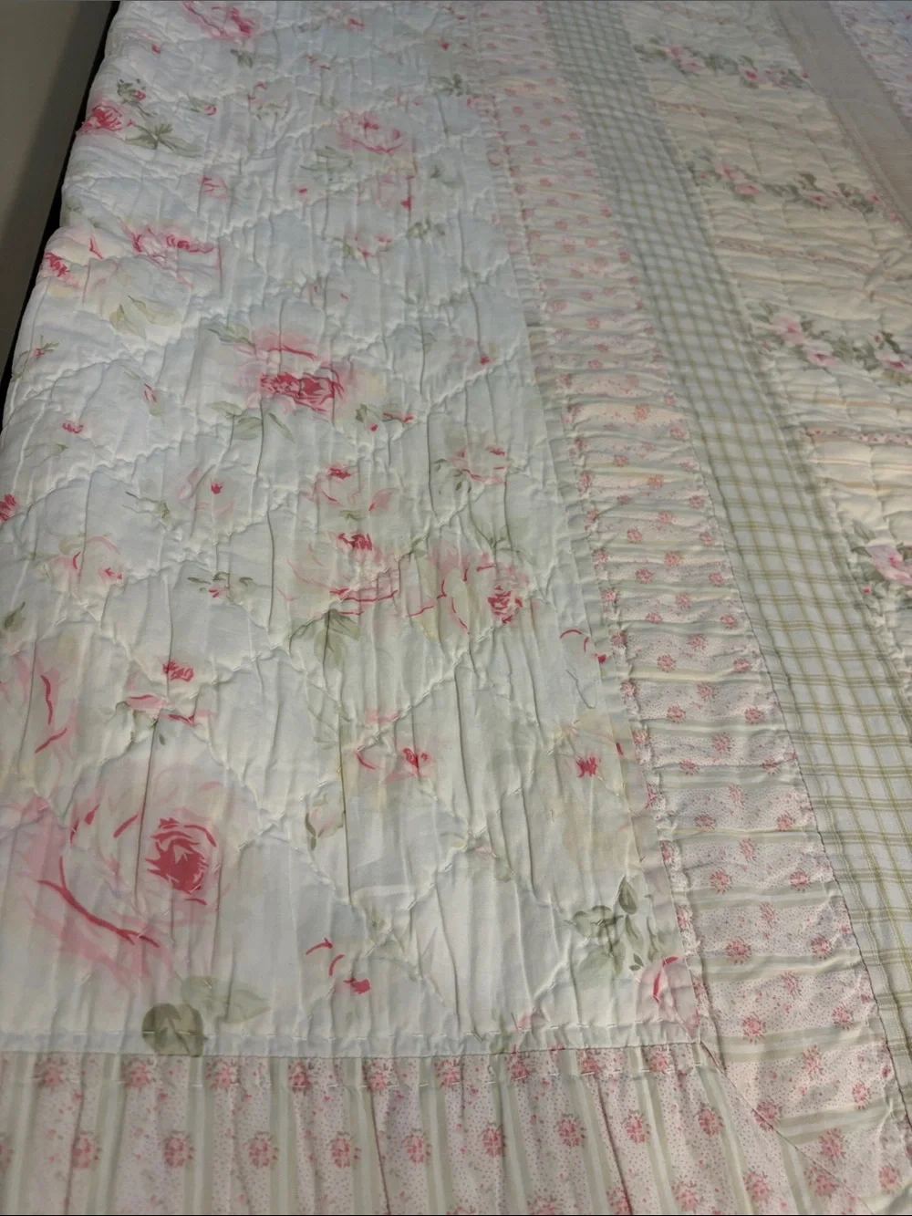 Cream and Pink Floral Patchwork Hand stitched  Quilt